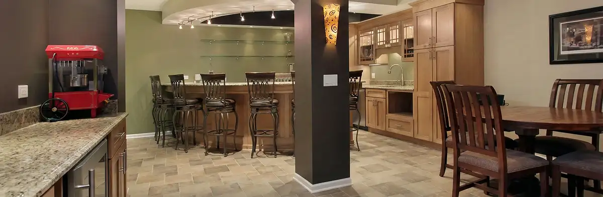 modern basement remodeling with custom finishes and open layout in a home in New Orleans, LA