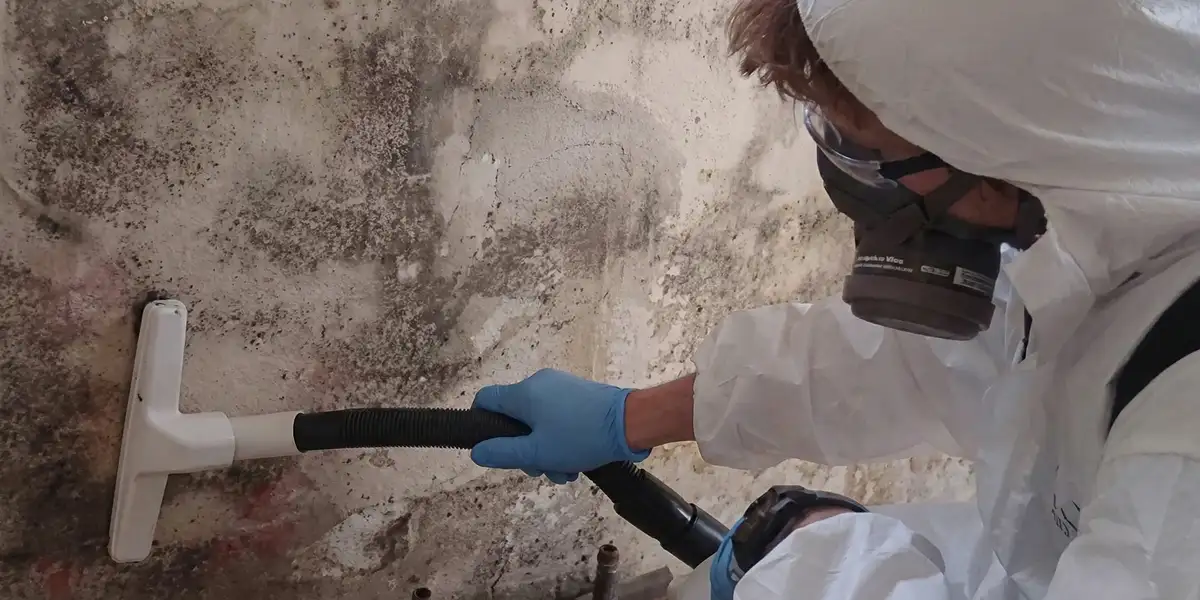 professional mold removal technician wearing protective equipment removing mold from a wall in New Orleans, LA
