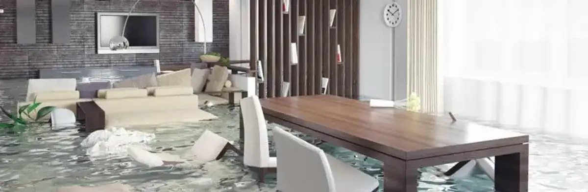 home interior affected by water damage with flooded floors and displaced furniture in New Orleans, LA